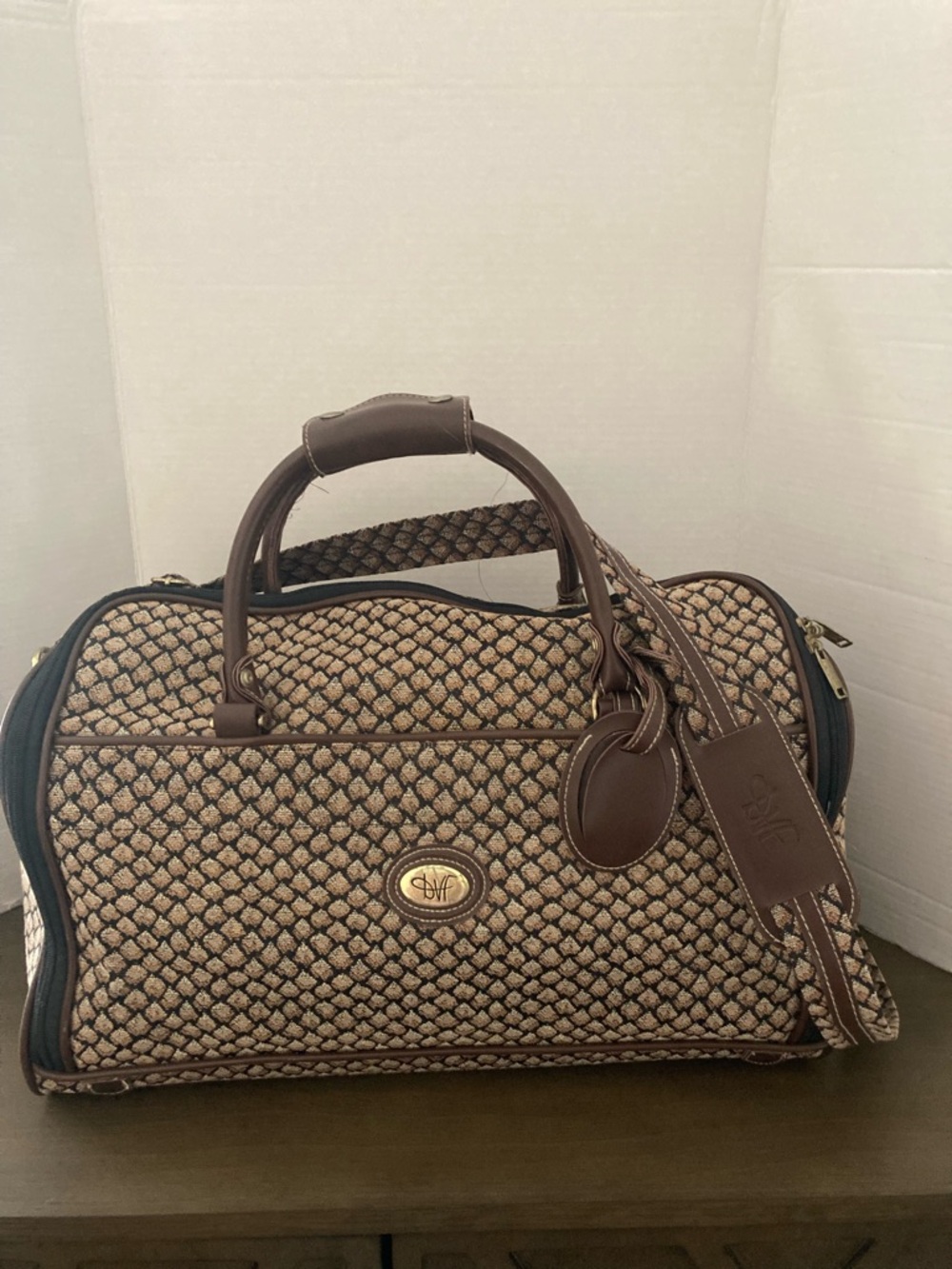 Diane Von Furstenberg Vintage Brown Woven Pattern Travel Duffle Bag